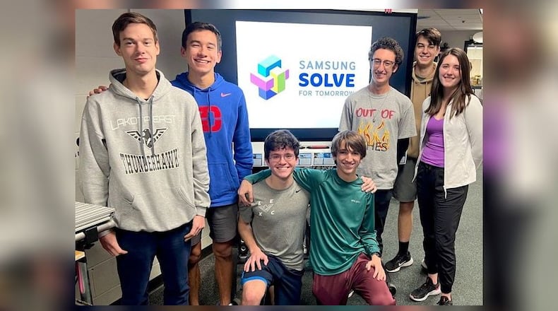 Students from Lakota East High School were among only five schools in Ohio to advance in a prestigious, national tech contest with a top prize of $100,000. Officials from the 13th annual Samsung Solve for Tomorrow STEM competition recently announced the top finalists from each state and the Lakota East students were chosen among 1,000 entries nationwide. From left to right are winners: Will Price, Alec Brown, Ian Balfour, Aidan Ethier, Sean Castillo, Johannes Fernholz and Abigail Theobald. (Contributed Photo\Journal-News)