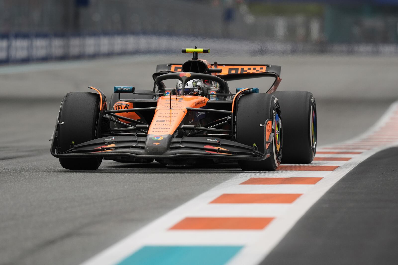 McLaren driver Lando Norris of Britain races during the Formula One Miami Grand Prix auto race Sunday, May 4, 2025, in Miami Gardens. Fla. (AP Photo/Rebecca Blackwell)