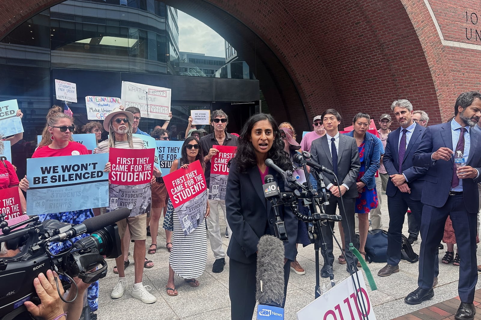 Ramya Krishnan, senior staff attorney at the Knight First Amendment Institute, speaks about a lawsuit challenging the Trump administration over deporting students and faculty who took part in pro-Palestinian demonstrations on Monday, July 7, 2025, at the federal courthouse in Boston. (AP Photo/Michael Casey)