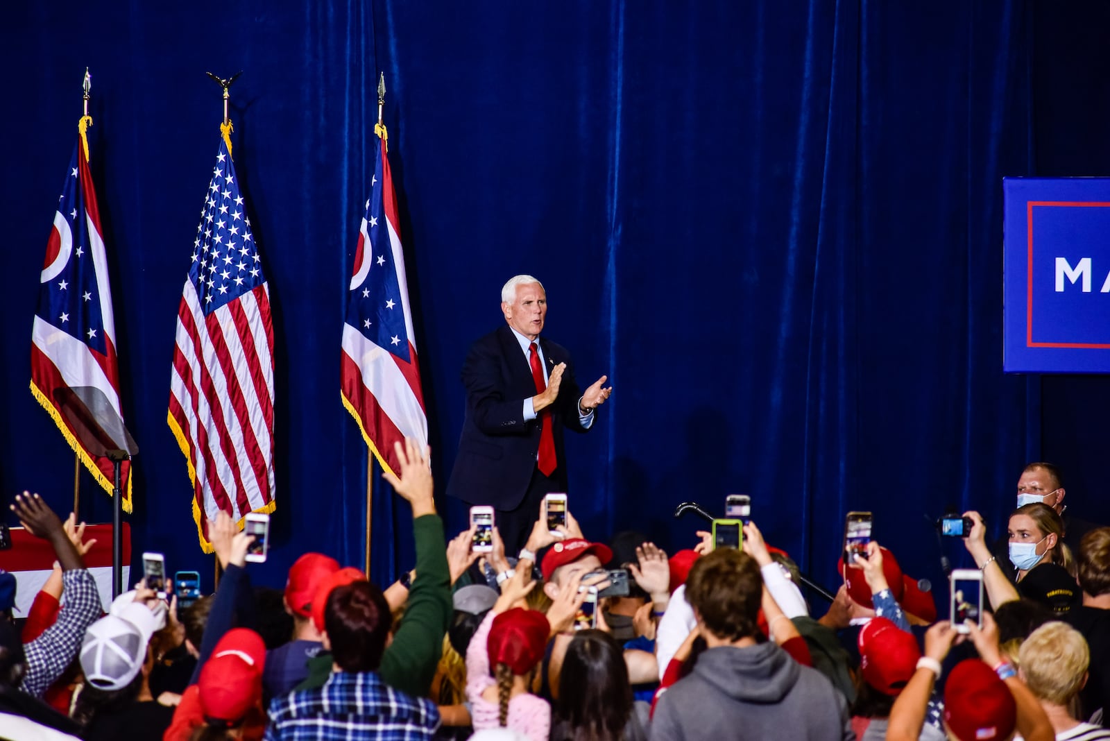 Vice President Mike Pence made a campaign stop at Waypoint Aviation at Lunkin Airport with hundreds of Donald Trump supporters in attendance Wednesday, October 21, 2020 in Cincinnati. NICK GRAHAM / STAFF