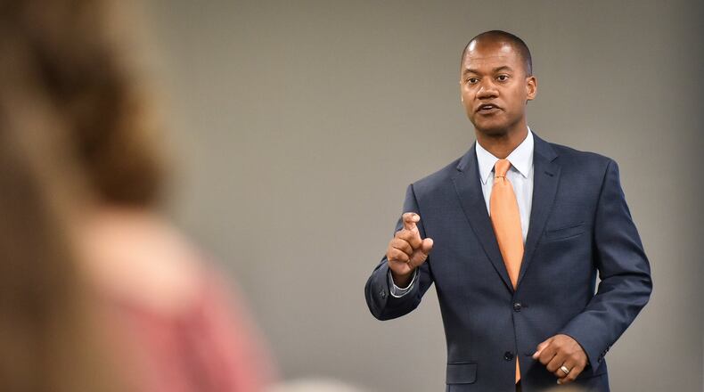 Middletown City Schools Superintendent Marlon Styles Jr. speaks to local community and business leaders about state report card scores and strategic plans for the district during a luncheon hosted by the school district Friday, Sept. 22, in Middletown. NICK GRAHAM/STAFF