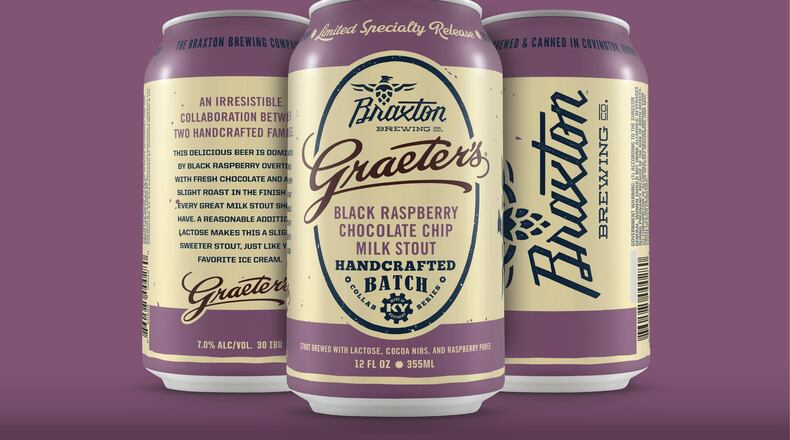 Graeter’s Ice Cream and Braxton Brewing Co. have joined forces to release Black Raspberry Chocolate Chip Milk Stout. The collaborative concoction will be introduced Feb. 3 at the Covington, Ky., brewery. The new brew will be available for purchase Feb. 6 at Kroger and independent area retailers in the greater Cincinnati, Dayton, Lexington and Louisville areas. CONTRIBUTED