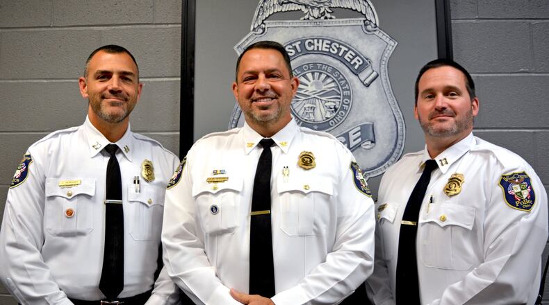 West Chester Police Chief Joel Herzog has been accused of creating a hostile work environment by two of his command staff, Capt. Jamie Hensley and Capt. Joe Gutman. From left, West Chester Police Capt. Jamie Hensley, Police Chief Joel Herzog, and Capt. Joe Gutman. CONTRIBUTED