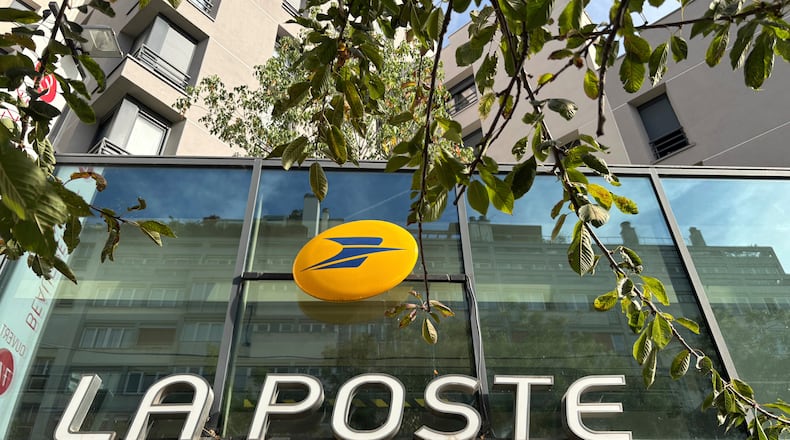 FILE - A general view of France's national postal service, La Poste, in Paris, Saturday, Aug. 23, 2025. (AP Photo/Bertrand Combaldieu, File)