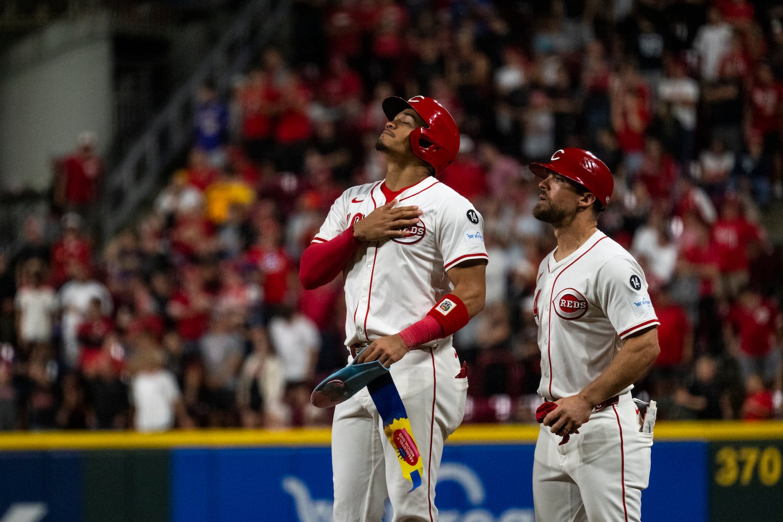 Cincinnati Reds' Noelvi Marte celebrates after hitting a single in the tenth inning of a baseball game against the Pittsburgh Pirates, Wednesday, Sept. 24, 2025, in Cincinnati. (AP Photo/Michael Swensen)