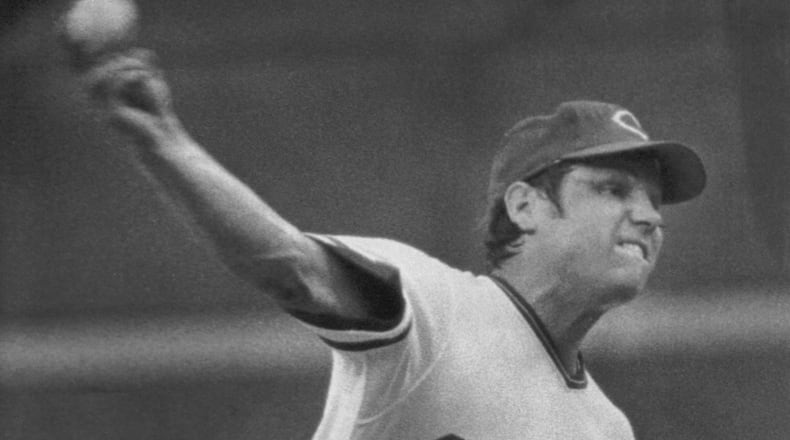 Cincinnati Reds' Pitcher Tom Seaver leans forward as lets loose with pitch in a game with the Atlanta Braves in Cincinnati, Ohio, July 14, 1977. Seaver had a no-hitter going into the seventh inning when he gave up a hit to Braves' batter Willie Montanez. Seaver ended up allowing two hits as he won his first game at home with the Reds. (AP Photo/Mark Duncan)