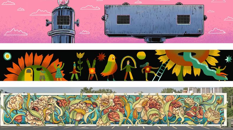Top: This mural, called Robros, represents two large robot brothers and will be painted at 802 Heaton Street in Hamilton’s North End neighborhood, which once was a location of the city’s industrial might. This design depicts the two machines - note how their eyes use existing windows - against a vibrant sky and was created by Logan Walden, a painter, illustrator and digital artist from Hamilton. Middle: This proposed StreetSpark mural, called Garden Parade, will be painted on the fence in Jefferson Park, which is located at East and Henley Avenues. This design shows a colorful group of children having fun among giant sunflowers and garden creatures. It was created by Lizzy DuQuette, a multi-media artist, illustrator and teaching artist from Cincinnati. Bottom: A StreetSpark mural called Garden of the Dogs will be painted on the Elite Performance & Wellness building at 190 N. Brookwood. Its design depicts a dynamic garden of flowers, many connected to the local area, with hidden bulldog images as a nod to nearby Hamilton High School. Garden of Dogs was created by Christian Dallas, a contemporary painter and muralist who works in the greater Cincinnati area.