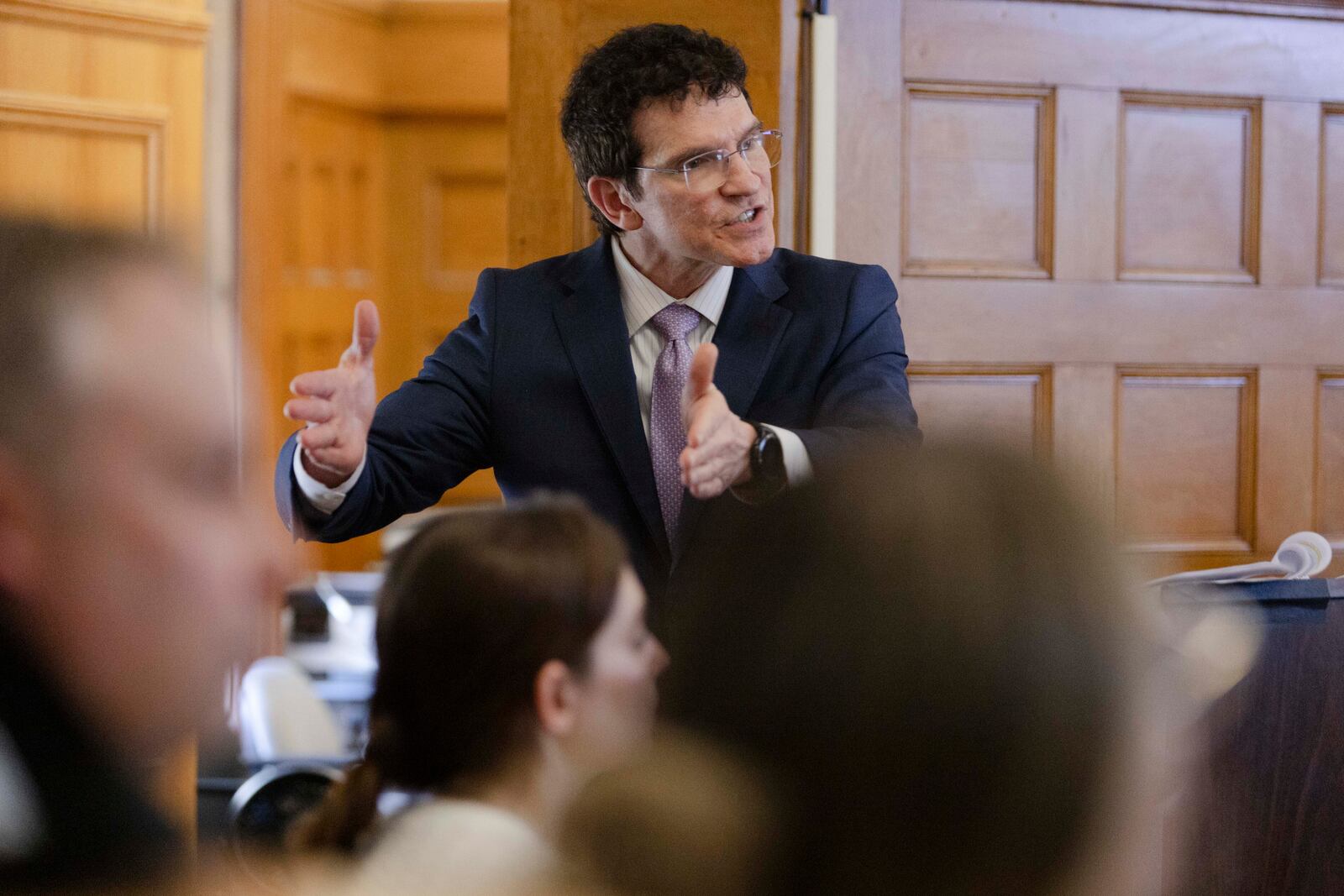 Defense attorney Robert Alessi cross-examines Ian Whiffin, a digital intelligence expert with Celebrite during Karen Read's murder retrial at Norfolk Superior Court in Dedham, Mass., on Tuesday, April 29, 2025. (Libby O'Neill/The Boston Herald via AP, Pool)