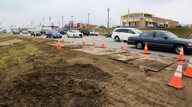 The second phase of Tylersville Road widening in West Chester Twp., a project to enhance safety in the congested area, might be off the Butler County engineer’s to-do list for next year. Pictured is construction equipment at the corner of Tylersville Road and Kingland Drive for the 2015 portion of the roadway improvement project. GREG LYNCH/2015