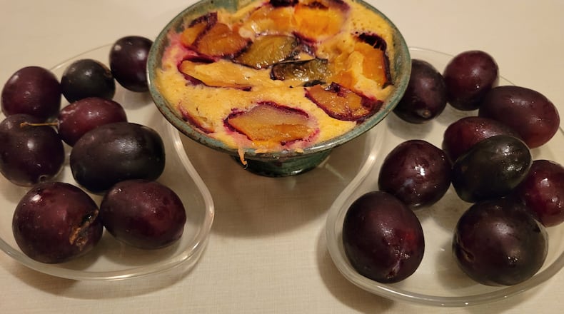 it is odd to see plums in October. Because of a late killer freeze, local plums (and peaches) were scarce back in July 2023. Local plums were used in the plum cake shown here, and individual one. CONTRIBUTED