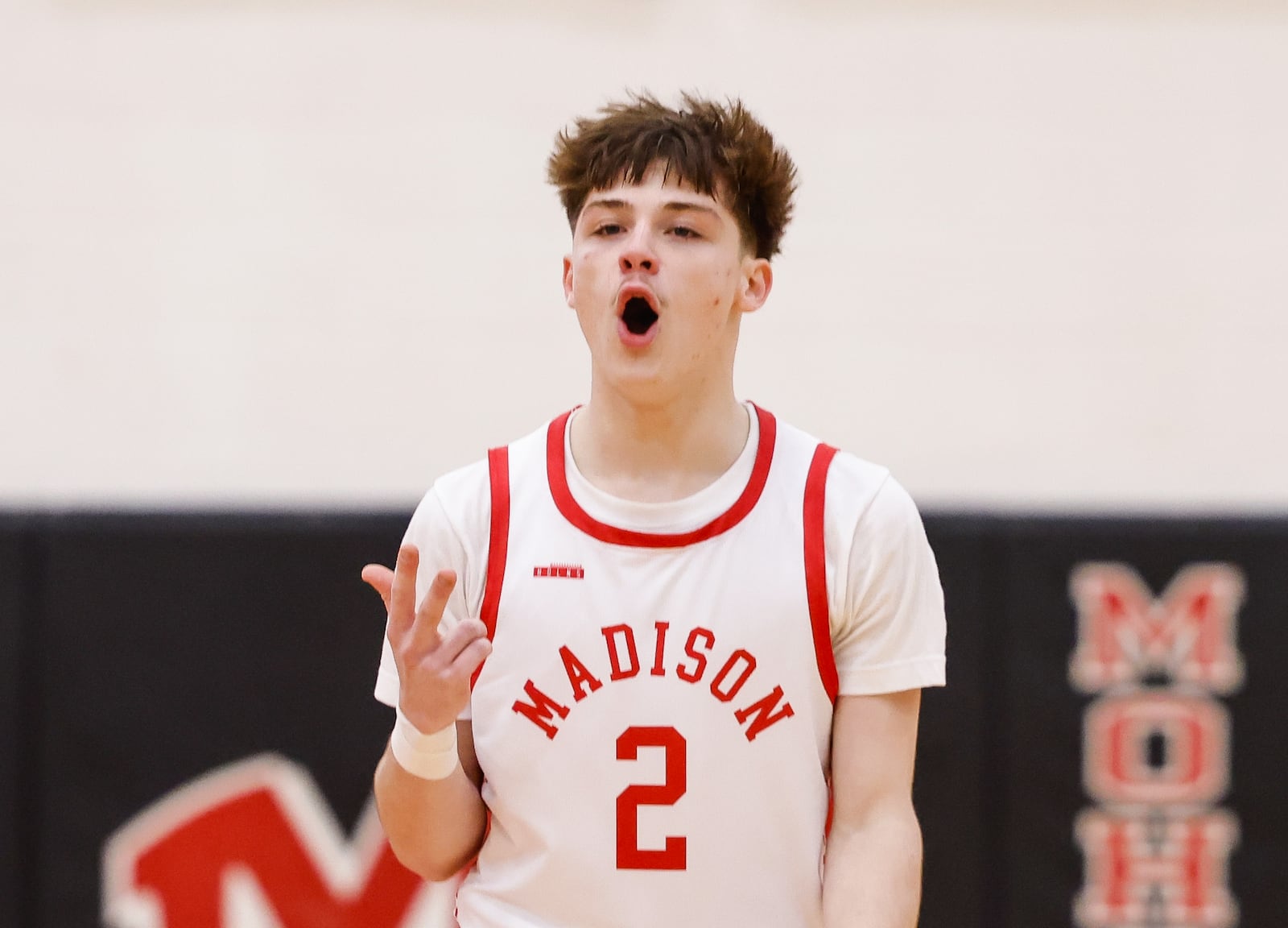 Madison's Jayden Shortridge celebrates a basket during their game Friday, Dec. 26, 2025 at the Brian Cook Classic basketball tournament at Madison High School. Madison defeated Lockland 65-40. NICK GRAHAM/STAFF