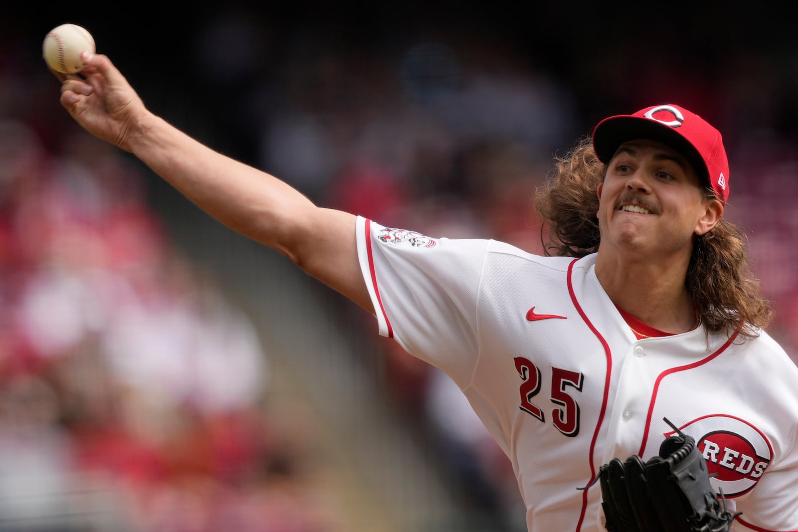 Cincinnati Reds pitcher Rhett Lowder throws during the first inning of a baseball game between the Cincinnati Reds and the Boston Red Sox in Cincinnati, Sunday, March 29, 2026. (AP Photo/Carolyn Kaster)