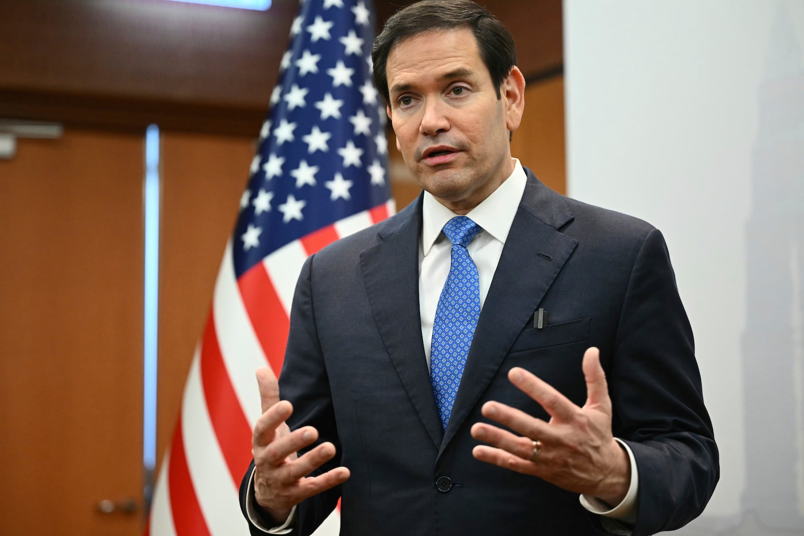 U.S. Secretary of State Marco Rubio gives a media briefing during the ASEAN Foreign Ministers' Meeting at the Convention Centre in Kuala Lumpur Friday, July 11, 2025. (Mandel Ngan/Pool Photo via AP)
