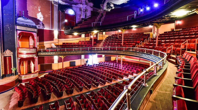 The Sorg Opera House has undergone numerous renovations including new entry doors, new fire escape doors, major plumbing repairs, roof repairs, box seat restoration, installation of former Cincinnati Music Hall seating and ongoing patching and painting. NICK GRAHAM/STAFF