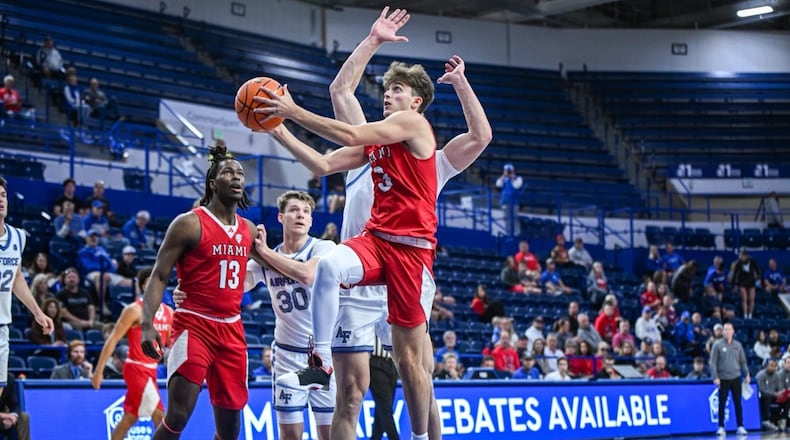 Miami’s Luke Skaljac goes up to the hoop against Air Force on Saturday. MIAMI ATHLETICS PHOTO