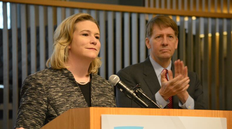 Dayton Mayor Nan Whaley endorsed Richard Cordray in the race for governor at the Dayton Metro Library on Friday. Photo by Jim Otte.