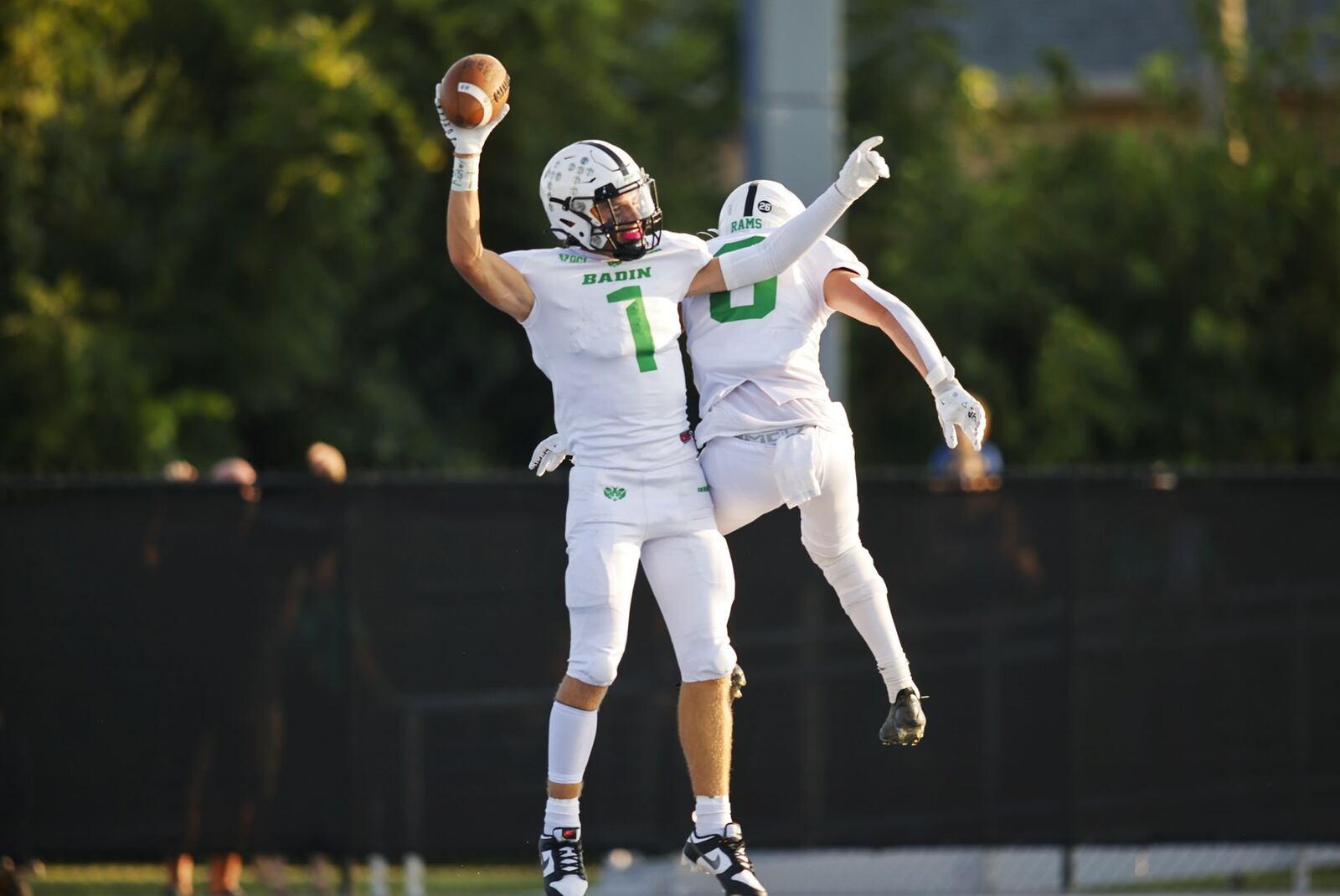 Badin's Aidan Brown (1) celebrates a first-half touchdown against Hamilton at Virgil Schwarm Stadium on Friday, Aug. 18, 2023. Nick Graham/STAFF