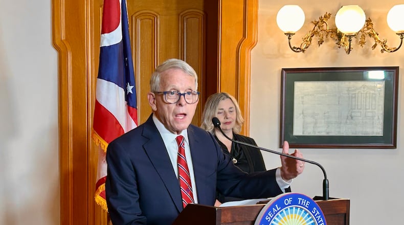 Ohio Gov. Mike DeWine takes questions after signing the state's 2026-2027 operating budgets. Tuesday, July 1, 2025.