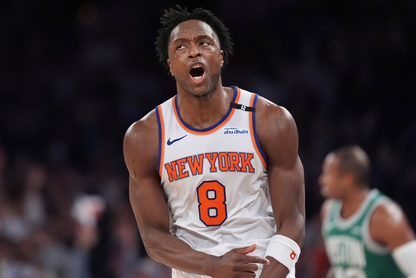 New York Knicks' OG Anunoby (8) celebrates after making a three-point shot during the second half of Game 6 in the Eastern Conference semifinals of the NBA basketball playoffs against the Boston Celtics Friday, May 16, 2025, in New York. (AP Photo/Frank Franklin II)
