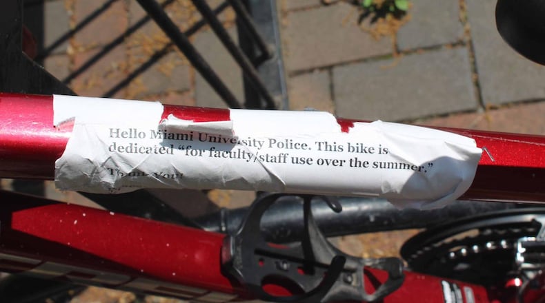 This bike was labeled against removal by Miami University Police. KALEY OLMSTED/OXFORD OBSERVER