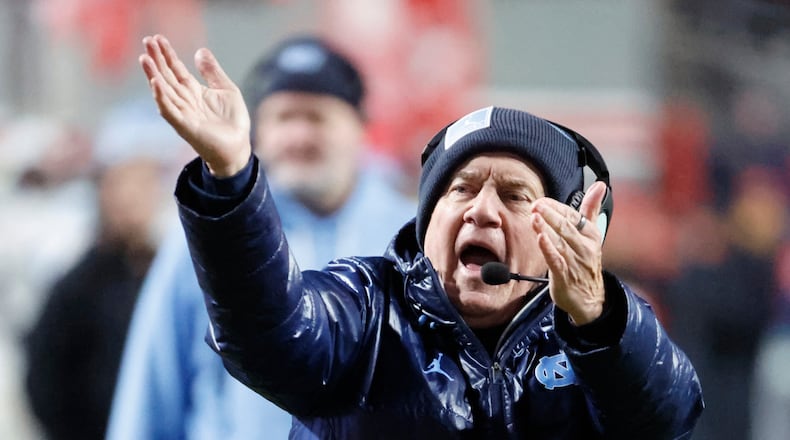 North Carolina head coach Bill Belichick protests a call during the second half of an NCAA college football game against North Carolina State in Raleigh, N.C., Saturday, Nov. 29, 2025. (AP Photo/Karl DeBlaker)
