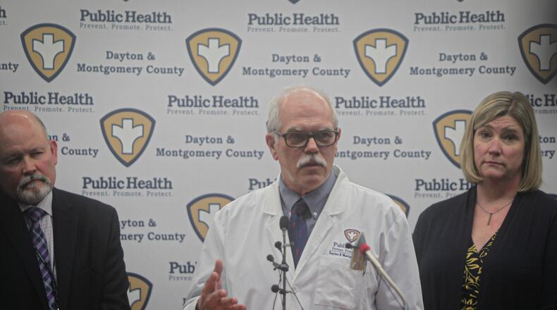 From left, Health Commissioner, Jeff Cooper, Public Health Medical Director, Michael Dohn and Dayton Mayor, Nan Whaley address the press concerning the Coronavirus Wednesday afternoon.JIM NOELKER/STAFF
