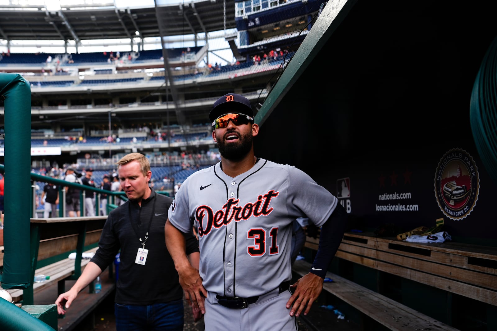 Detroit Tigers' Riley Greene stands in the dugout following the ninth inning in the first baseball game of a doubleheader against the Washington Nationals, Wednesday, July 2, 2025, in Washington. (AP Photo/Julia Demaree Nikhinson)