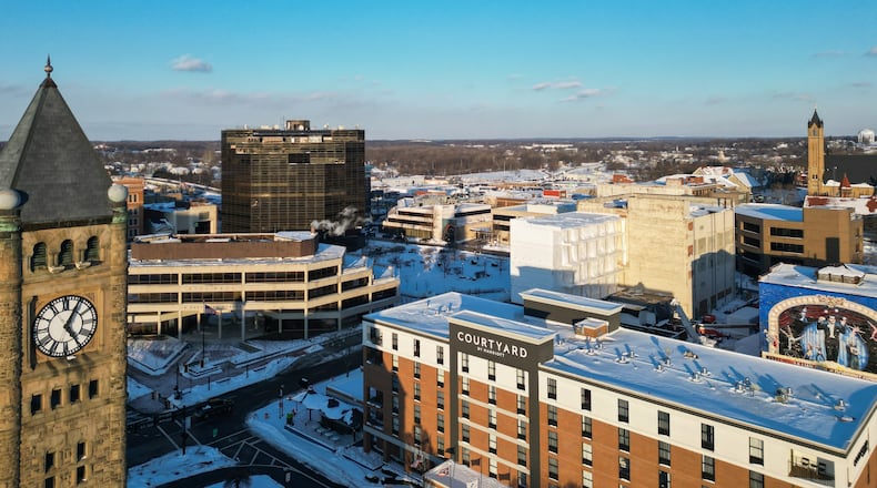 Buildings in downtown Springfield are covered with sunshine on Wednesday, Jan. 28. 2026. JOSEPH COOKE VIA DRONE / STAFF