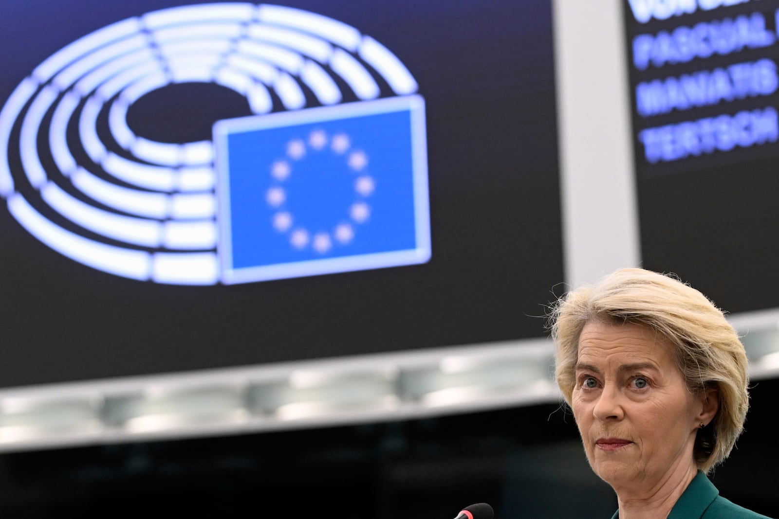 European Commission president Ursula von der Leyen delivers her speech during a statement on the preparation for the EU–China Summit, Tuesday, July 8, 2025 at the European Parliament in Strasbourg, eastern France. (AP Photo/Pascal Bastien)