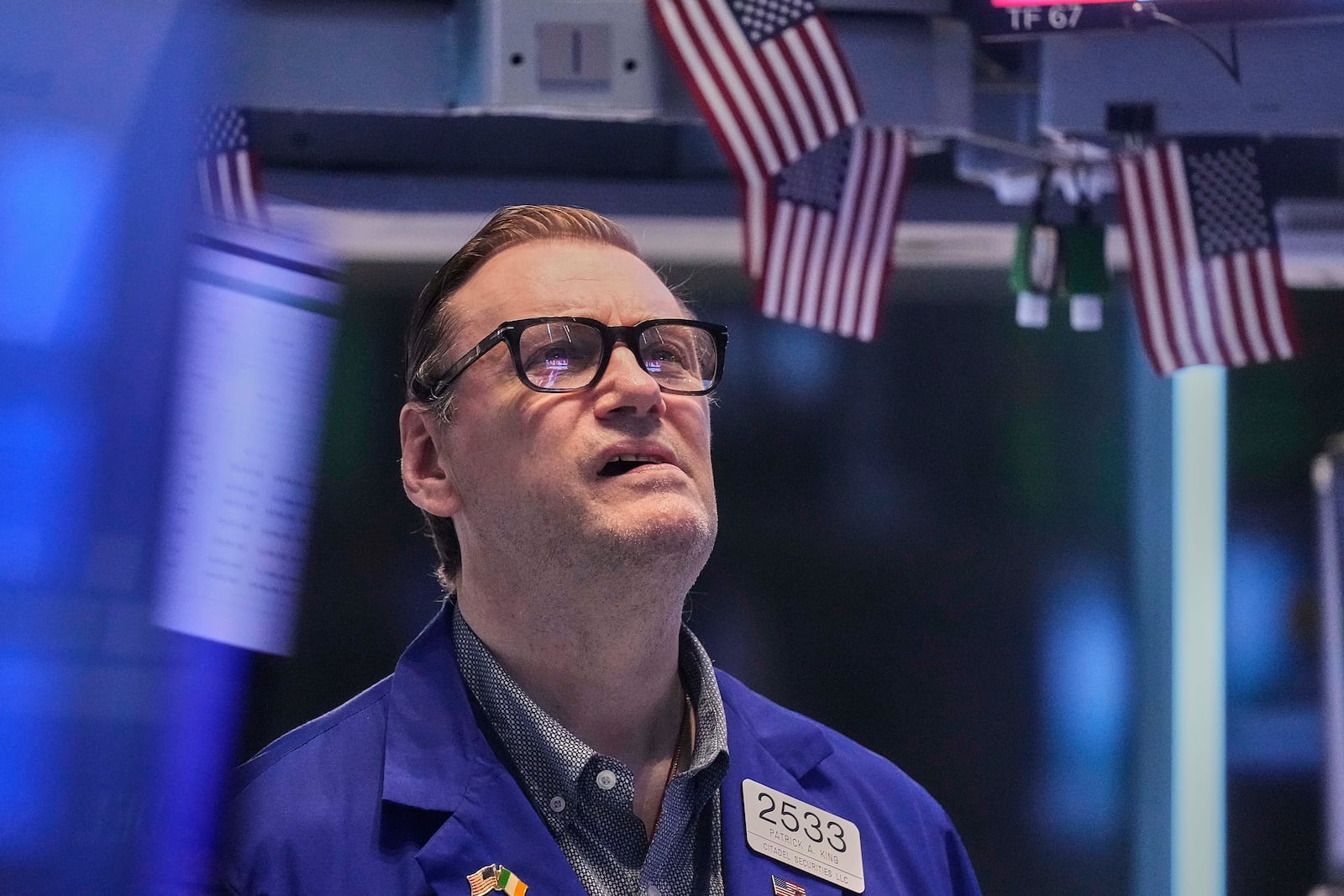 Specialist Patrick King works on the floor of the New York Stock Exchange, Friday, May 2, 2025. (AP Photo/Richard Drew)