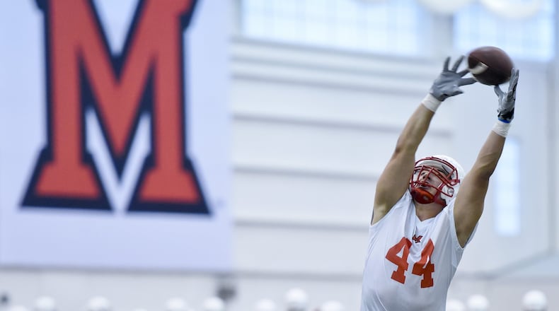 Miami University Redhawks tight end Nate Becker, a fourth-year junior, is back in the mix after a foot injury required surgery last year. NICK GRAHAM/STAFF