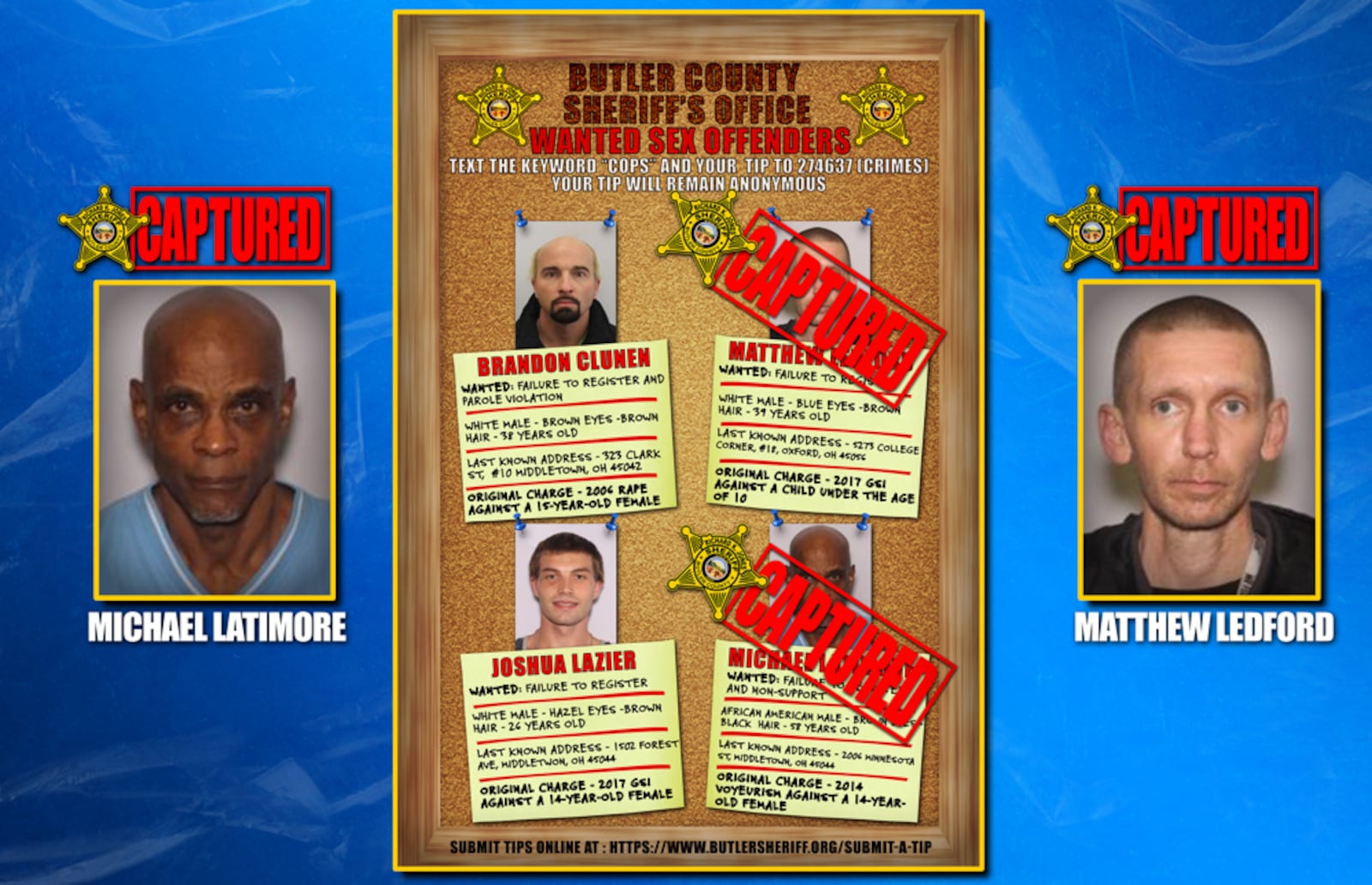 The Butler County Sheriff's Office captured two of the department's most wanted sex offenders. PROVIDED/BUTLER COUNTY SHERIFF'S OFFICE