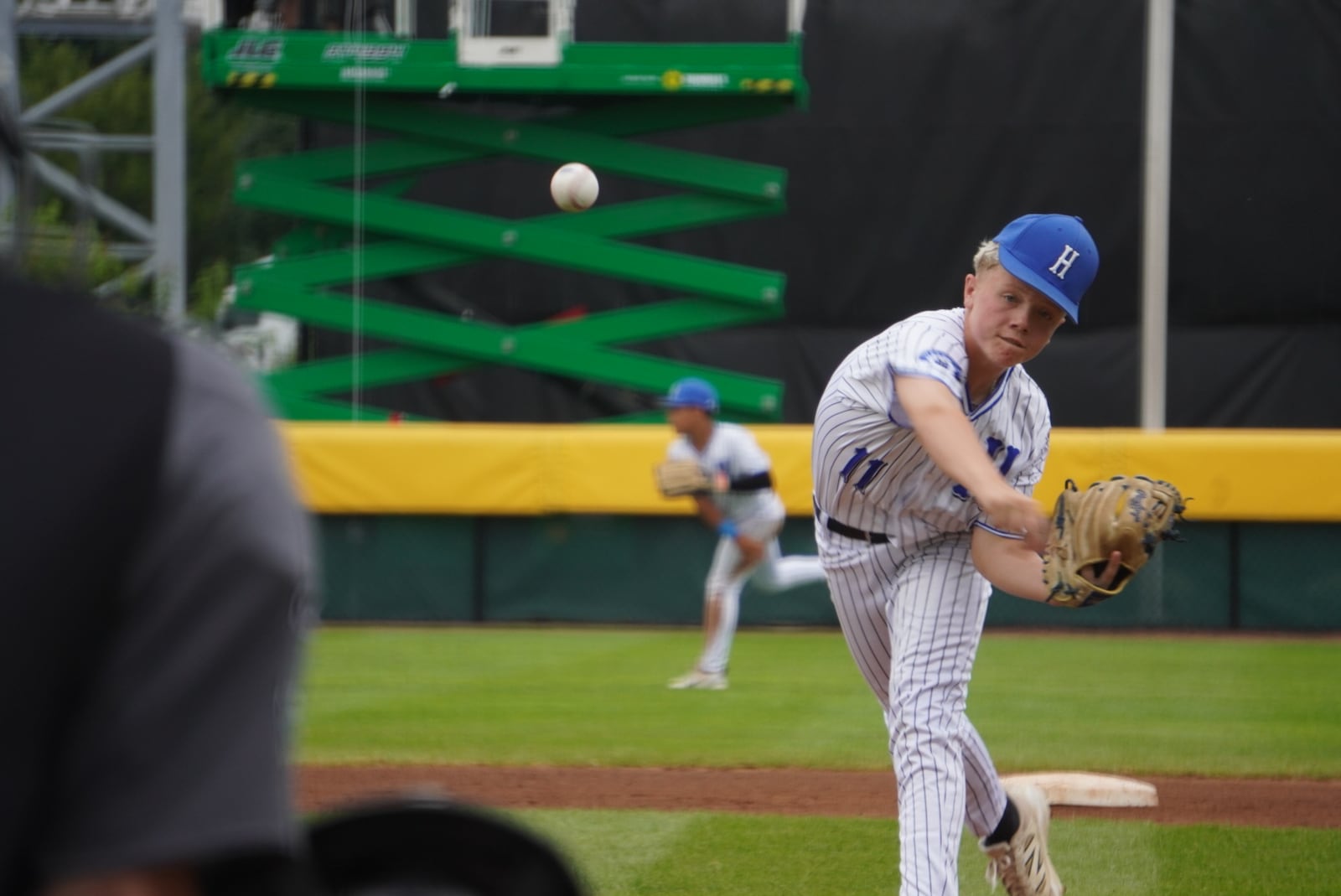 West Side Little League's Gavyn Spears sends a practice pitch to the plate during his Great Lakes Region winner's bracket semifinal game against Illinois on Monday at the Little League Central Region Complex in Whitestown, Indiana. West Side won 11-1 in four innings. CHRIS VOGT / CONTRIBUTED