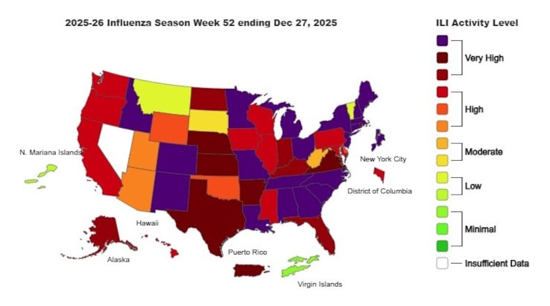 This is the weekly Outpatient Respiratory Illness Activity map from the CDC, for the week ending Dec. 27, 2025.