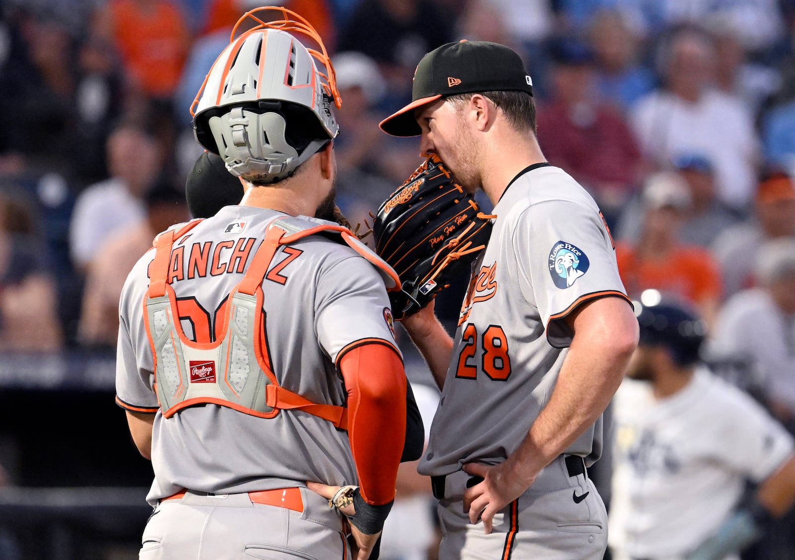 Baltimore Orioles catcher Gary Sánchez (99) talks with starting pitcher Trevor Rogers with the bases loaded during the second inning of a baseball game against the Tampa Bay Rays, Wednesday, June 18, 2025, in Tampa, Fla. (AP Photo/Jason Behnken)
