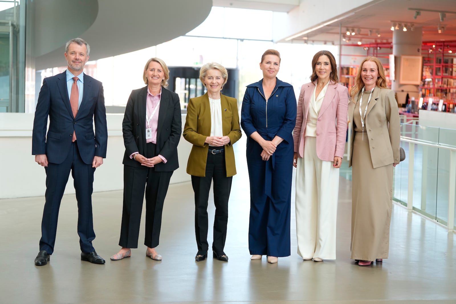 From left, Denmark's King Frederik, museum director Rebecca Matthew, European Commission President Ursula von der Leyen, Denmark's Prime Minister Mette Frederiksen and Denmark's Queen Mary pose for a phot during the official opening of Denmark's EU presidency in Aarhus, Denmark, Thursday July 3, 2025. (Liselotte Sabroe/Ritzau Scanpix via AP)