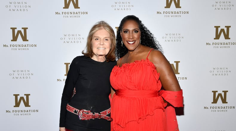 FILE - Ms. Foundation President and CEO Teresa Younger, right, and Gloria Steinem pose at the Ms. Foundation's Women of Vision Awards at the Ziegfeld Ballroom, May 16, 2023, in New York. (Photo by Evan Agostini/Invision/AP, File)
