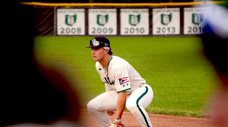 Badin's Kade Bowling gets in ready position at first base during his game against Fairfield on Thursday night at Alumni Field. Chris Vogt/CONTRIBUTED