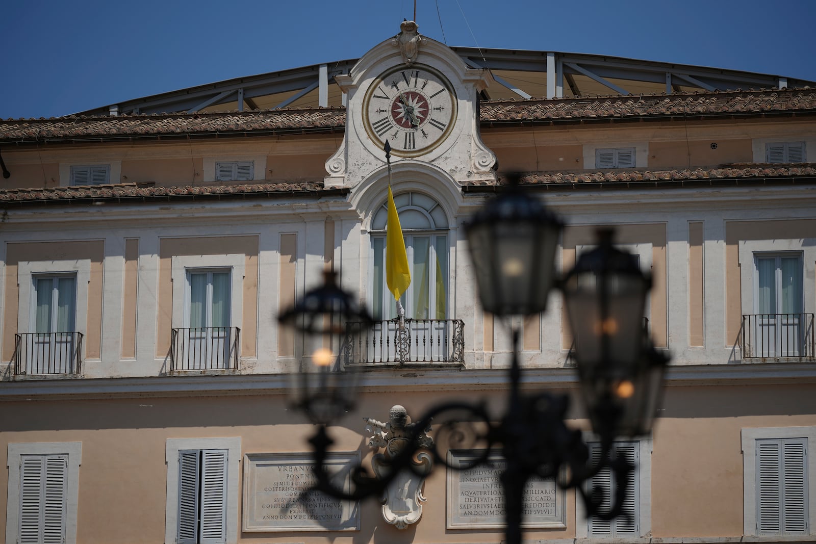 A view of the Papal or Apostolic Palace, a historic summer retreat for popes in the lakeside town of Castel Gandolfo, about 30 kilometers southeast of Rome, where Pope Leo XIV will be spending a short period of rest, is seen Wednesday, July 2, 2025. (AP Photo/Andrew Medichini)