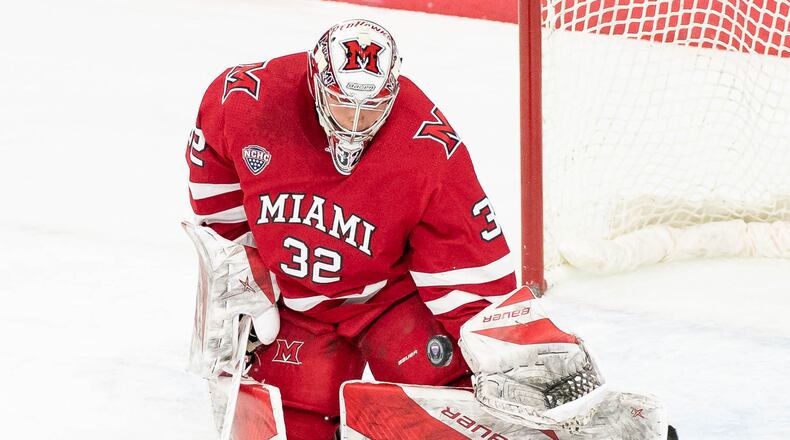Goaltender Ludvig Persson set Miami's single-season mark for saves last year. Miami University Athletics photo
