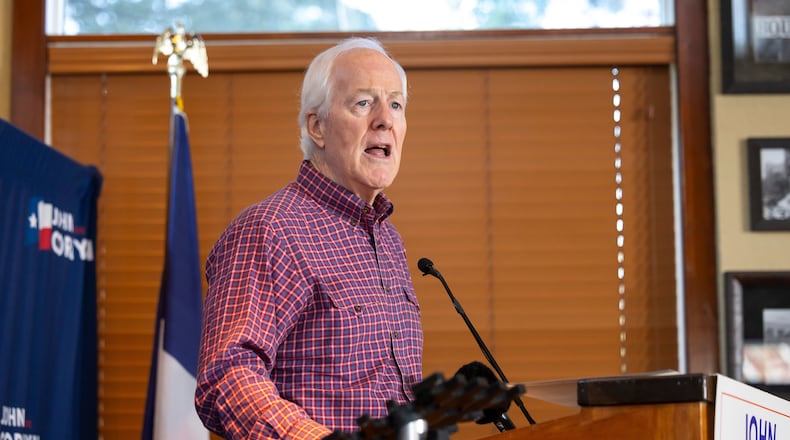 Sen. John Cornyn, R-Texas, speaks during a campaign stop in The Woodlands, Texas, Saturday, Feb. 28, 2026. (AP Photo/Annie Mulligan)