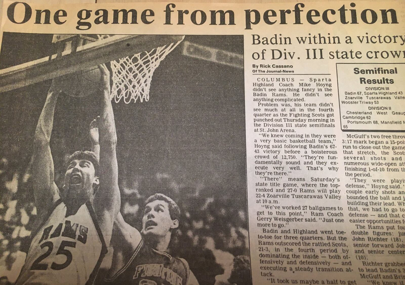 Badin’s John Richter (25) battles Sparta Highland’s Tom Casteel during a Division III state semifinal on March 24, 1988, at St. John Arena in Columbus. Richter scored 18 points in the Rams’ 67-43 victory. COX MEDIA FILE PHOTO