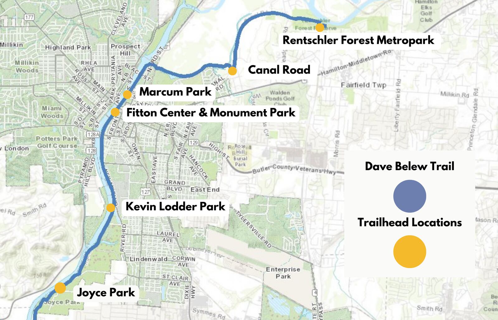 Hamilton Community Foundation names part of the Great Miami River Trail for Dave Belew, who was a key figure in getting the trail constructed from Joyce Park in Hamilton at the border with Fairfield to Rentschler Forest MetroPark. Pictured is a map of the route with designated trailheads. PROVIDED
