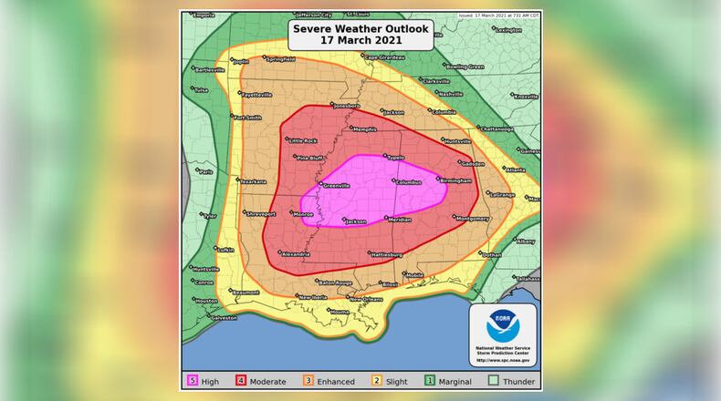 The National Weather Service is forecasting tornadoes and severe thunderstorms in the south on St. Patrick's Day. Image courtesy the National Weather Service