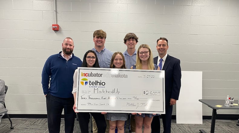 An entrepreneurial team from Lakota West High School is now one of only five nationwide to be chosen to compete in a "Shark Tank" business competition later this month in Chicago. Pictured is the MatchedUp team after a regional win of funding for their business idea. (Provided Photo\Journal-News)