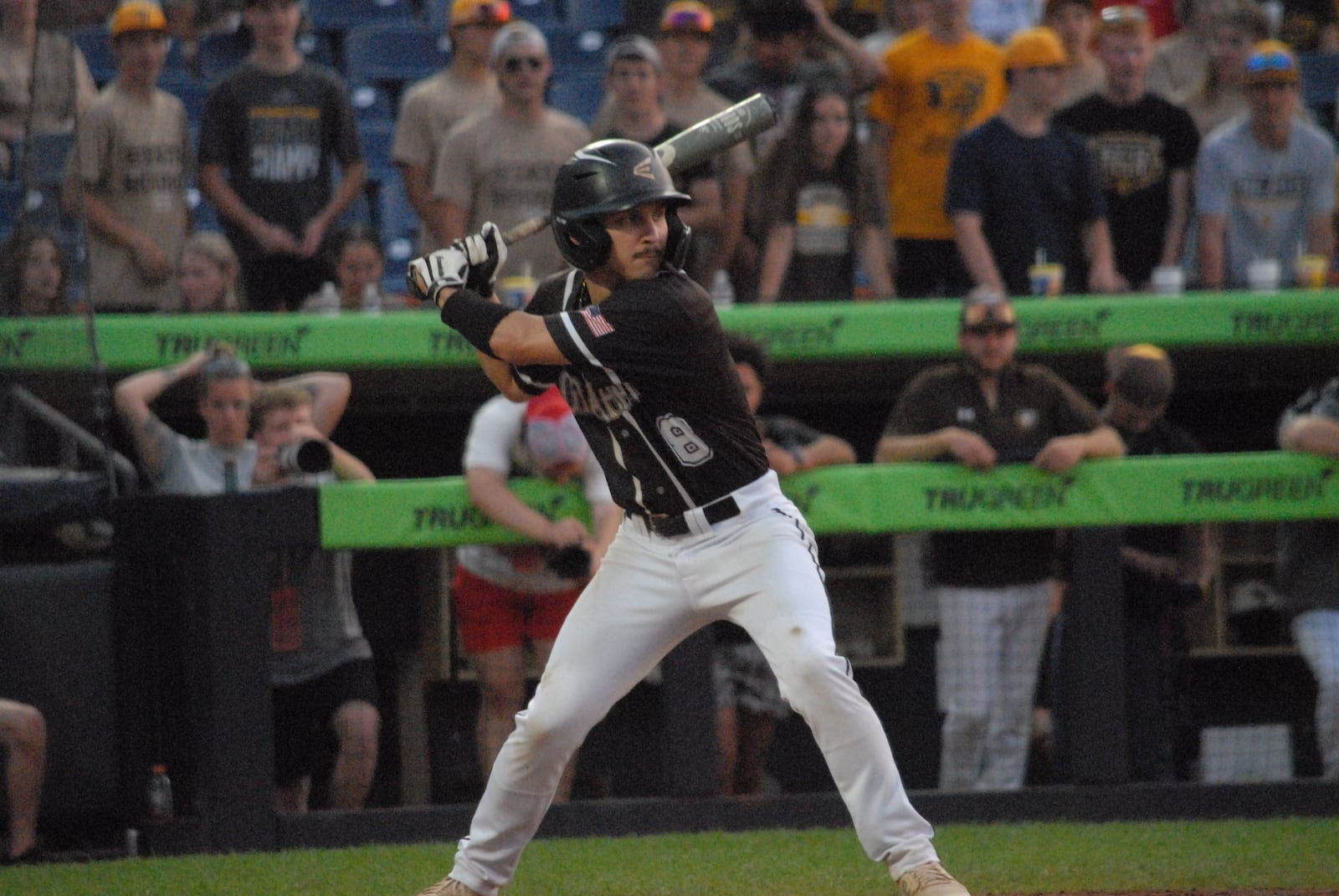 Graham's Holden Dunham eyes a pitch during his Division V state final game against Waynedale on Sunday at Canal Park in Akron. CHRIS VOGT / CONTRIBUTED