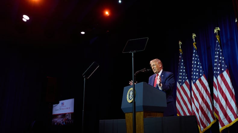 President Donald Trump speaks to House Republican lawmakers during their annual policy retreat, Tuesday, Jan. 6, 2026, in Washington. (AP Photo/Evan Vucci)
