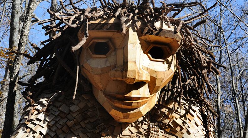 Artist Thomas Dambo debuts a new troll exhibit at the Aullwood Audubon. The trolls Bo, Bodil and Bibbi and their troll-sized nest have found their home in Dayton. "The Troll That Hatched an Egg" is one of only nine Dambo-created exhibitions in the United States and Puerto Rico. MARSHALL GORBY\STAFF