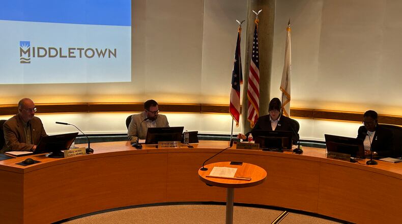 The four new Middletown City Council attended their first meeting together Tuesday night. It was the first time in city history where four new member were elected or appointed in the same year. From left: Paul Horn, Steve West II, Mayor Elizabeth Slamka and Jennifer Carter. Zack Ferrell was unable to attend the meeting. RICK McCRABB/STAFF