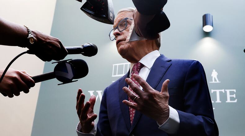 Ohio Governor Mike DeWine talks to the media Thursday, Jan. 30, 2025 at Wright State University. The Governor was at the university to speak at the The Workforce Equation: Why child Care Matters for Ohio Businesses. MARSHALL GORBY\STAFF